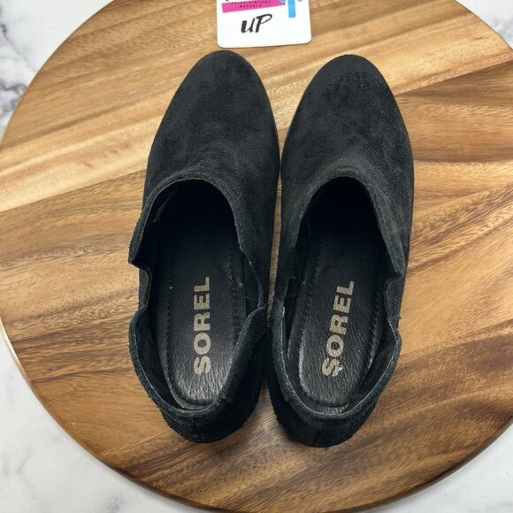 Sorel lolla cut out black suede ankle bootie heeled boots women's size 9.5 - Picture 7 of 9